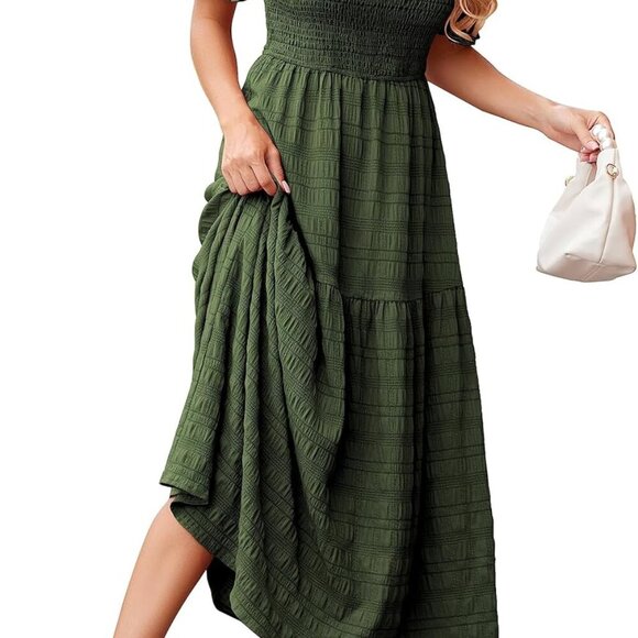 Dresses & Skirts - Womens Summer Dresses 2025 Casual Puff Short Sleeve Crewneck Smocked Flowy Ruffl